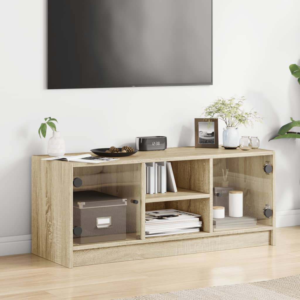 Modern Wooden TV Tele Stand Unit Cabinet With Glass Doors & Storage Wood