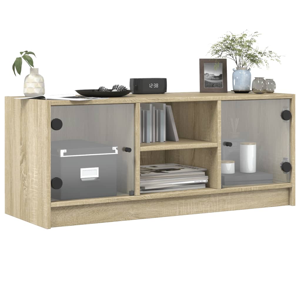 Modern Wooden TV Tele Stand Unit Cabinet With Glass Doors & Storage Wood