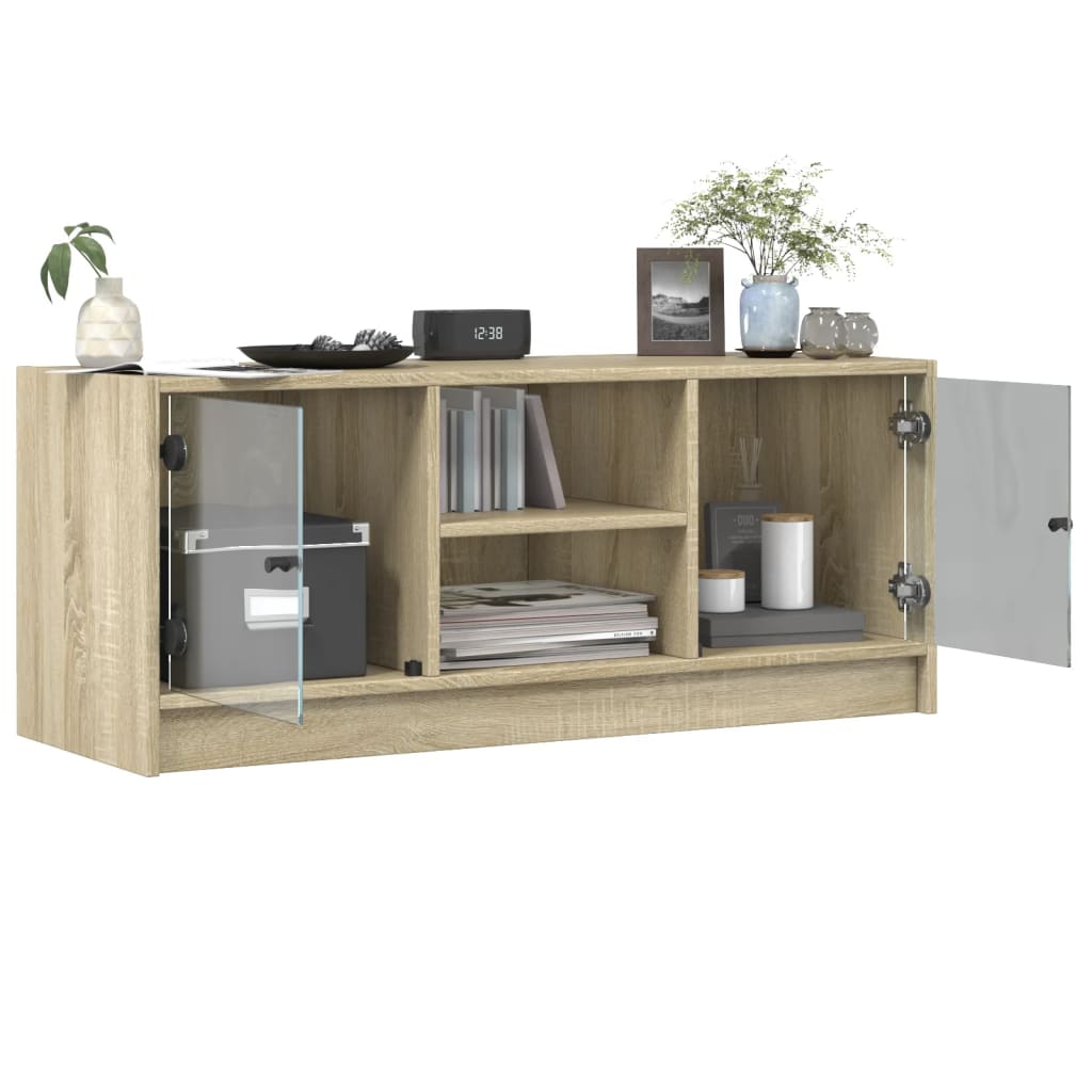 Modern Wooden TV Tele Stand Unit Cabinet With Glass Doors & Storage Wood