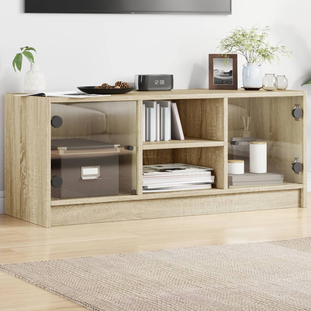 Modern Wooden TV Tele Stand Unit Cabinet With Glass Doors & Storage Wood