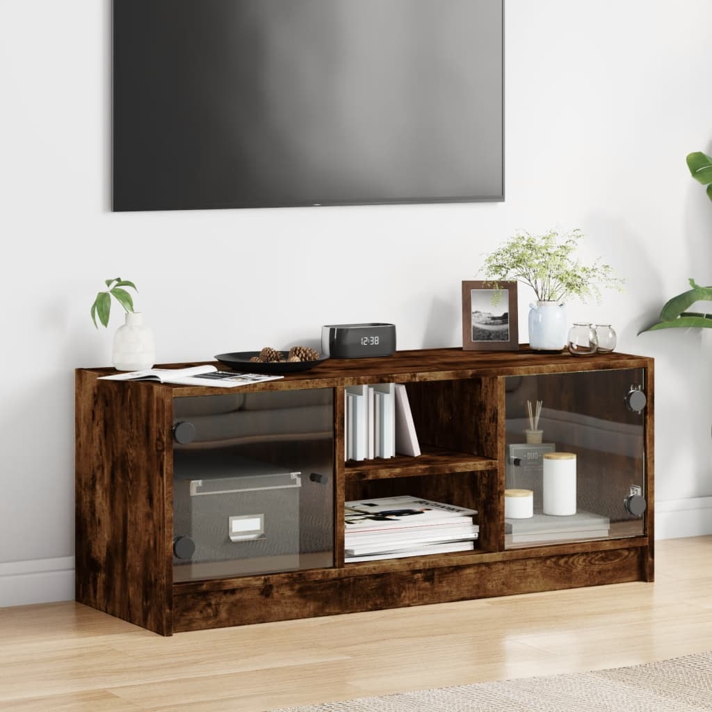 Modern Wooden TV Tele Stand Unit Cabinet With Glass Doors & Storage Wood