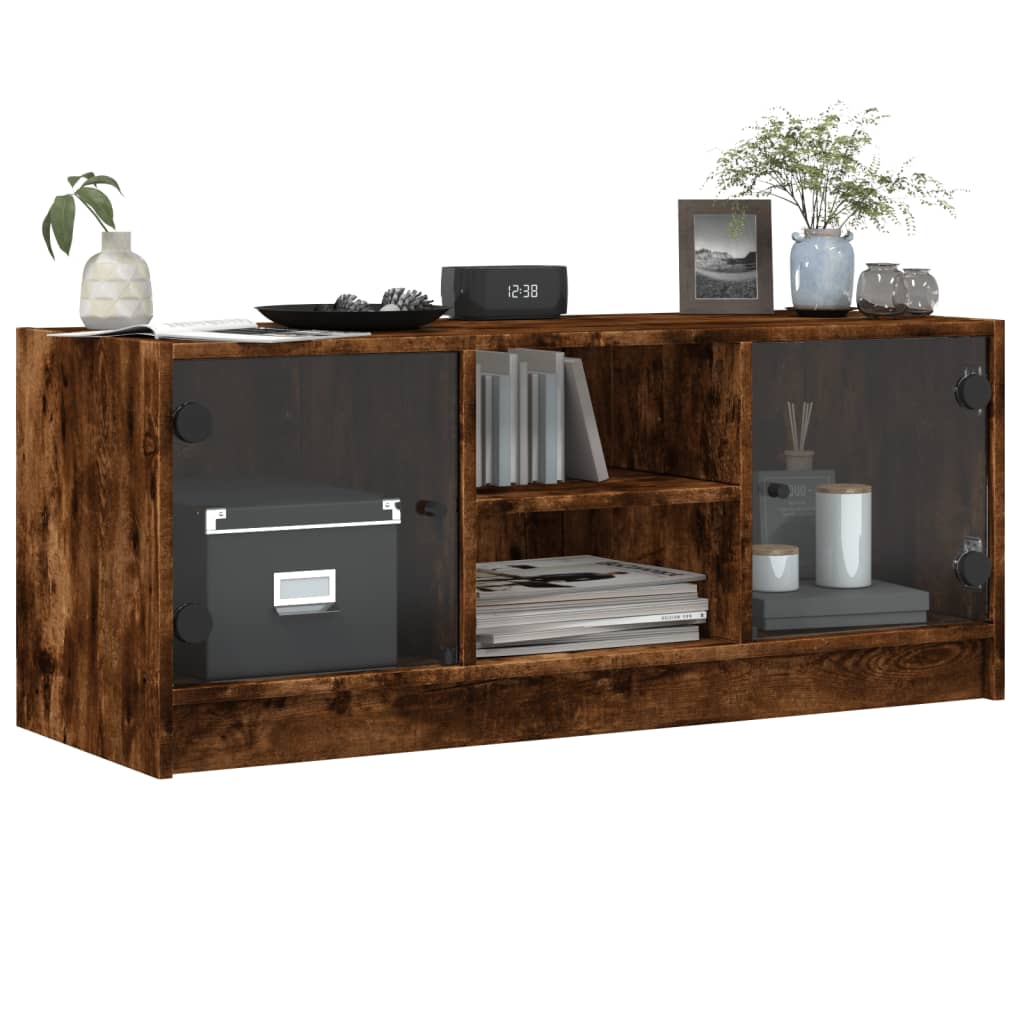 Modern Wooden TV Tele Stand Unit Cabinet With Glass Doors & Storage Wood