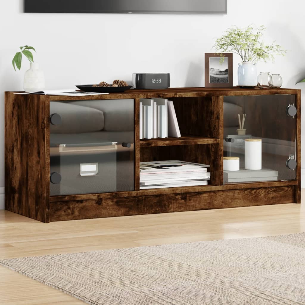 Modern Wooden TV Tele Stand Unit Cabinet With Glass Doors & Storage Wood