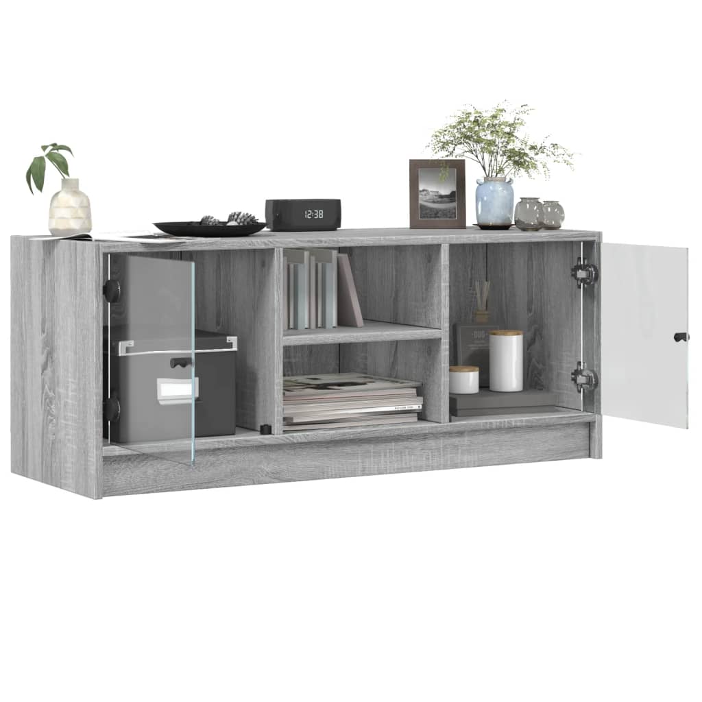 Modern Wooden TV Tele Stand Unit Cabinet With Glass Doors & Storage Wood