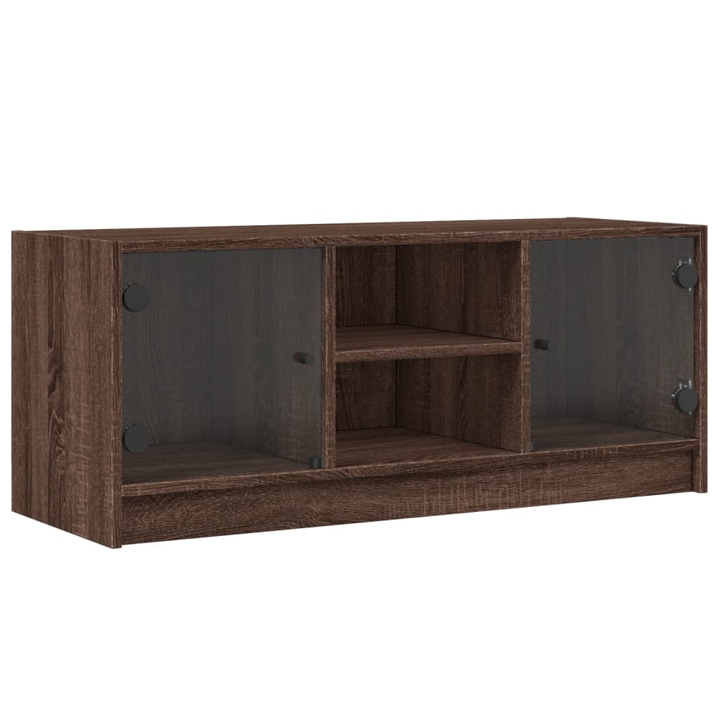Modern Wooden TV Tele Stand Unit Cabinet With Glass Doors & Storage Wood