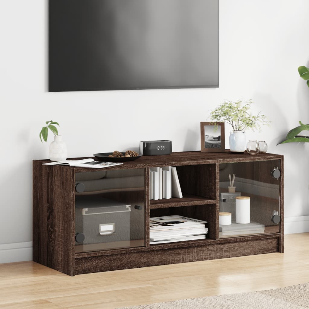 Modern Wooden TV Tele Stand Unit Cabinet With Glass Doors & Storage Wood