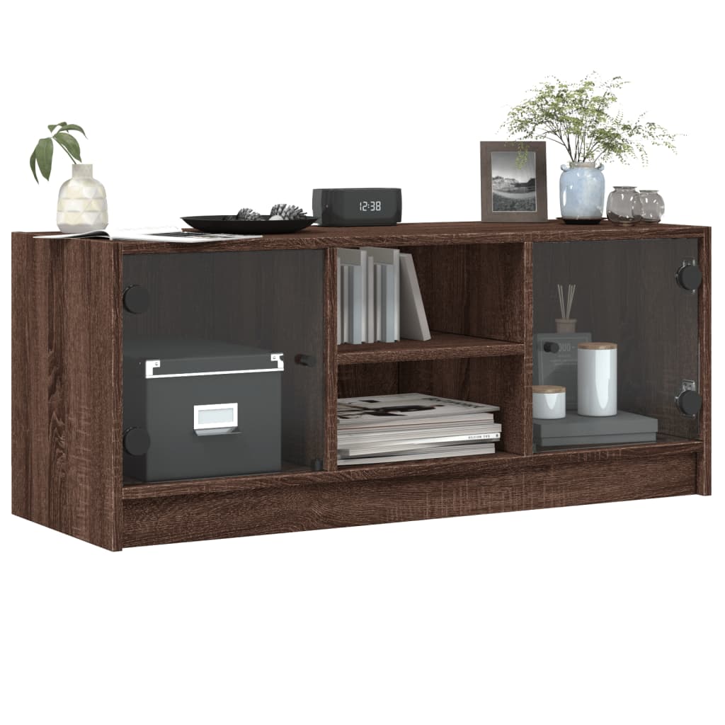 Modern Wooden TV Tele Stand Unit Cabinet With Glass Doors & Storage Wood