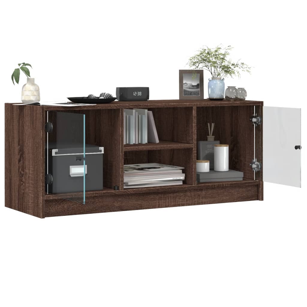 Modern Wooden TV Tele Stand Unit Cabinet With Glass Doors & Storage Wood