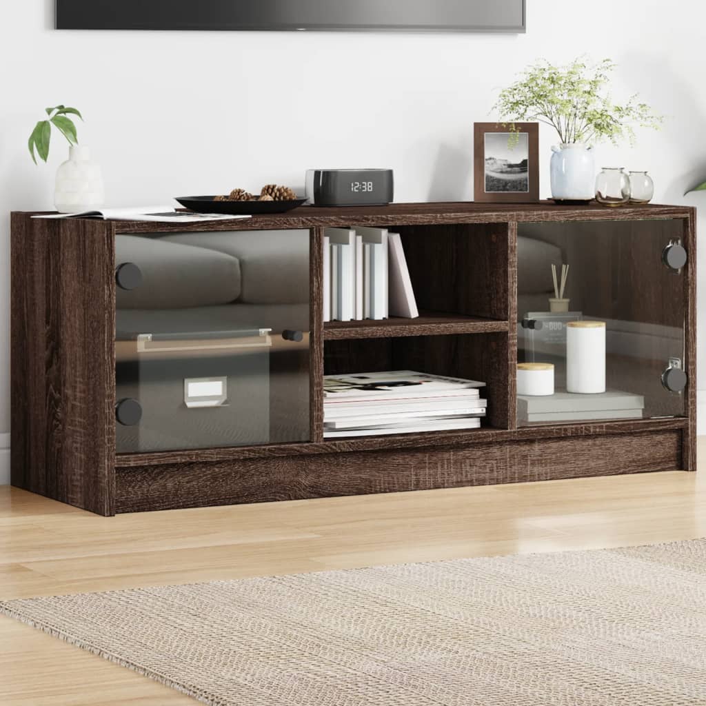 Modern Wooden TV Tele Stand Unit Cabinet With Glass Doors & Storage Wood