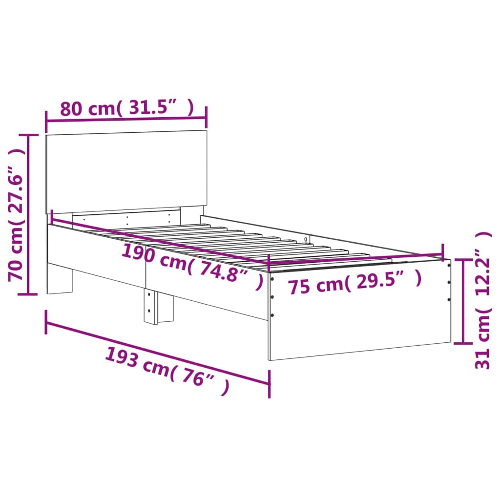 Bed Frame without Mattress with Headboard White 75x190 cm Small Single