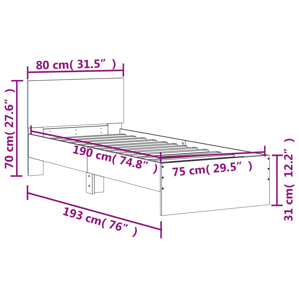 Bed Frame without Mattress with Headboard Smoked Oak 75x190 cm Small Single