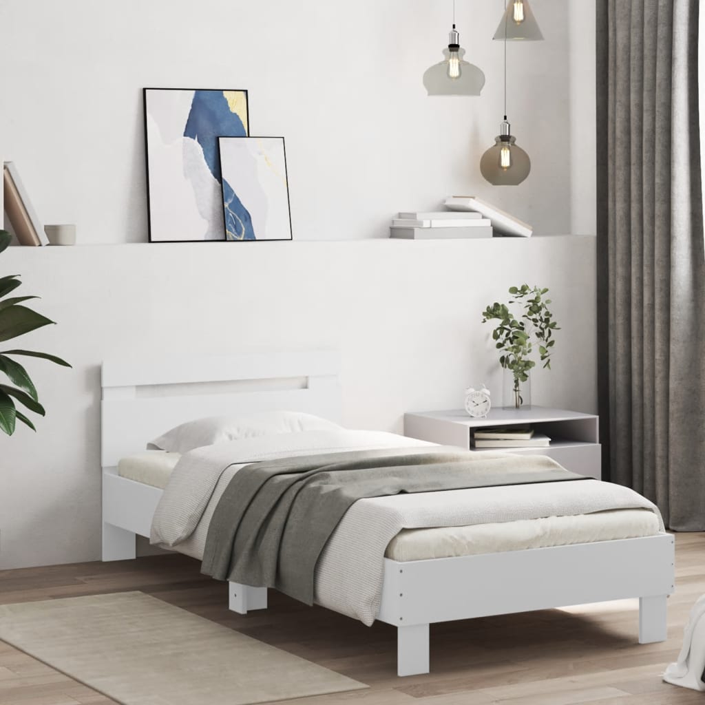 Modern Wooden Single Size 90cm Bed Frame Base With LED Lights & Headboard Wood