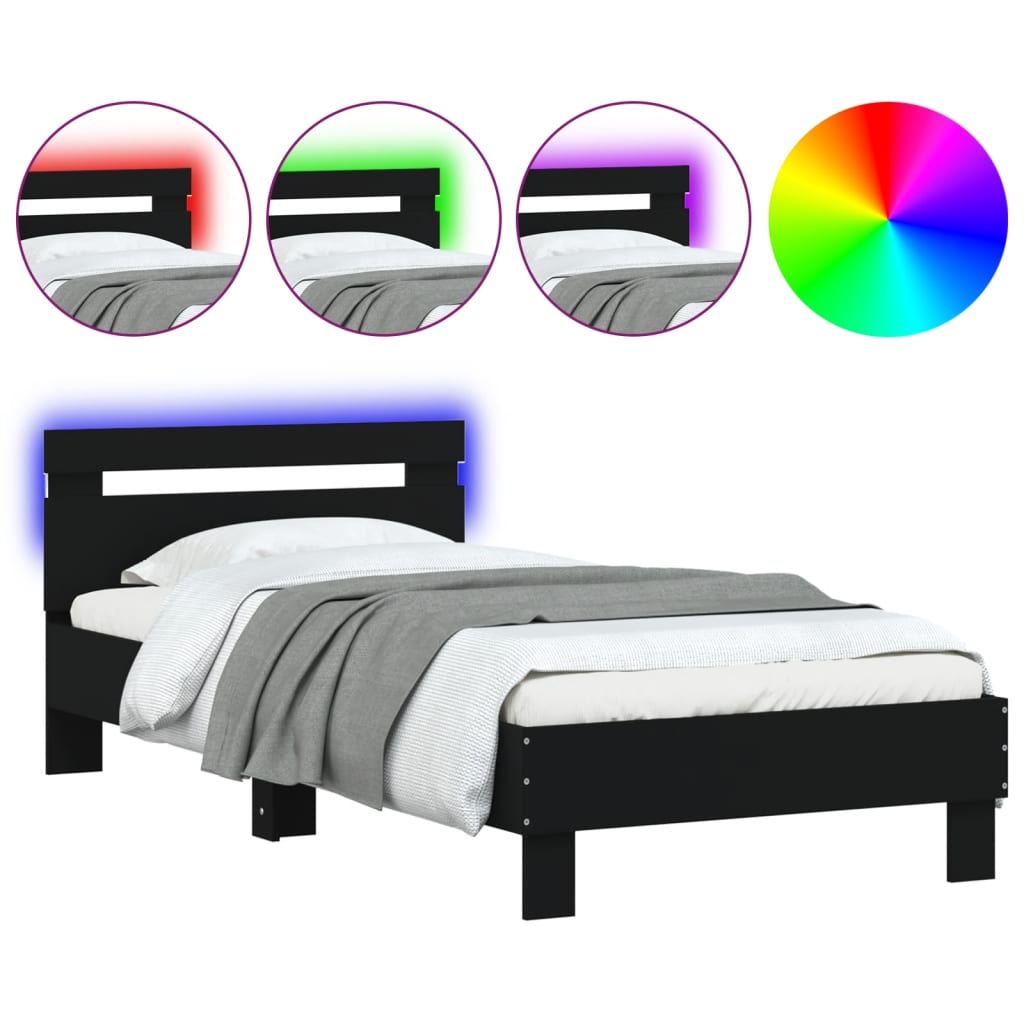 Modern Wooden Single Size 90cm Bed Frame Base With LED Lights & Headboard Wood