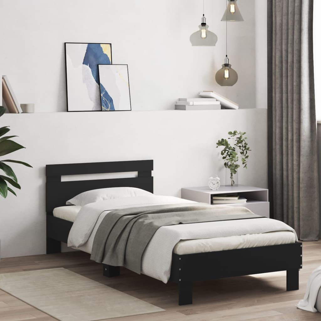 Modern Wooden Single Size 90cm Bed Frame Base With LED Lights & Headboard Wood