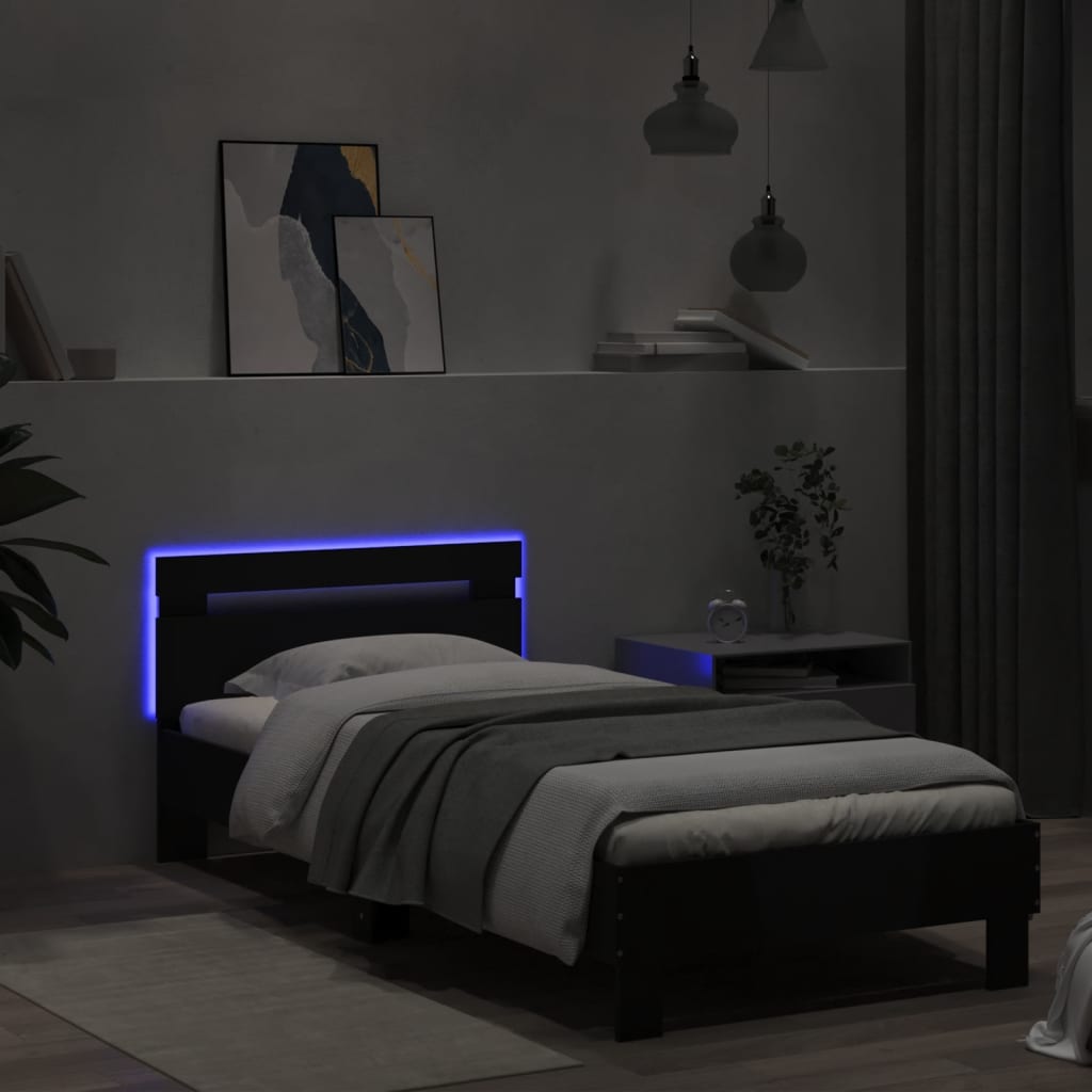 Modern Wooden Single Size 90cm Bed Frame Base With LED Lights & Headboard Wood