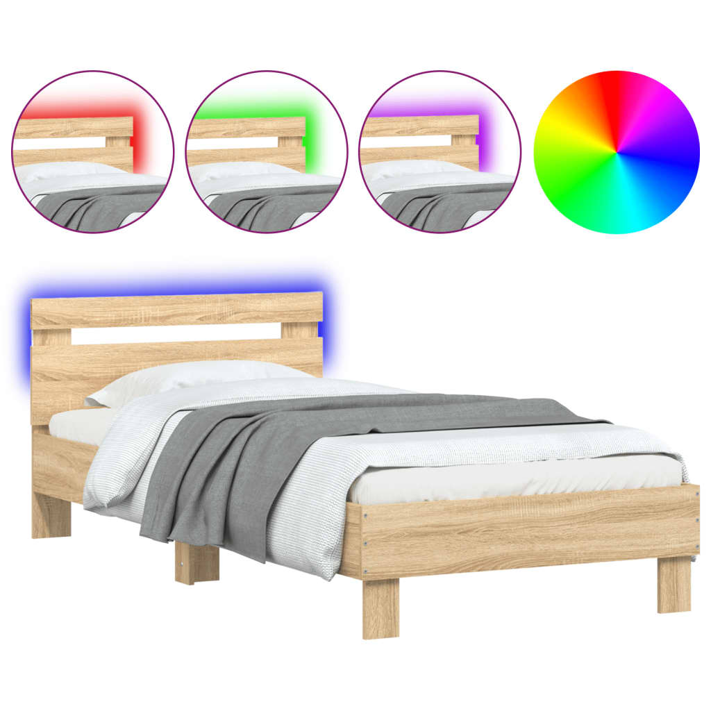Modern Wooden Single Size 90cm Bed Frame Base With LED Lights & Headboard Wood