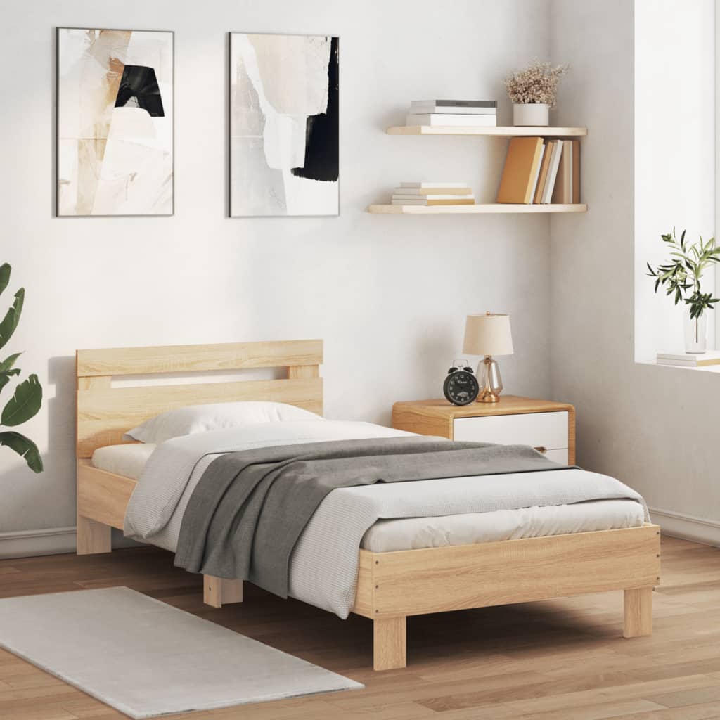 Modern Wooden Single Size 90cm Bed Frame Base With LED Lights & Headboard Wood