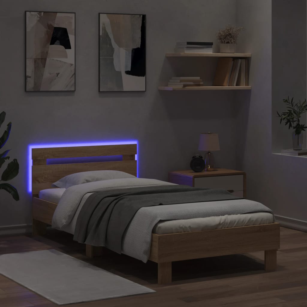 Modern Wooden Single Size 90cm Bed Frame Base With LED Lights & Headboard Wood