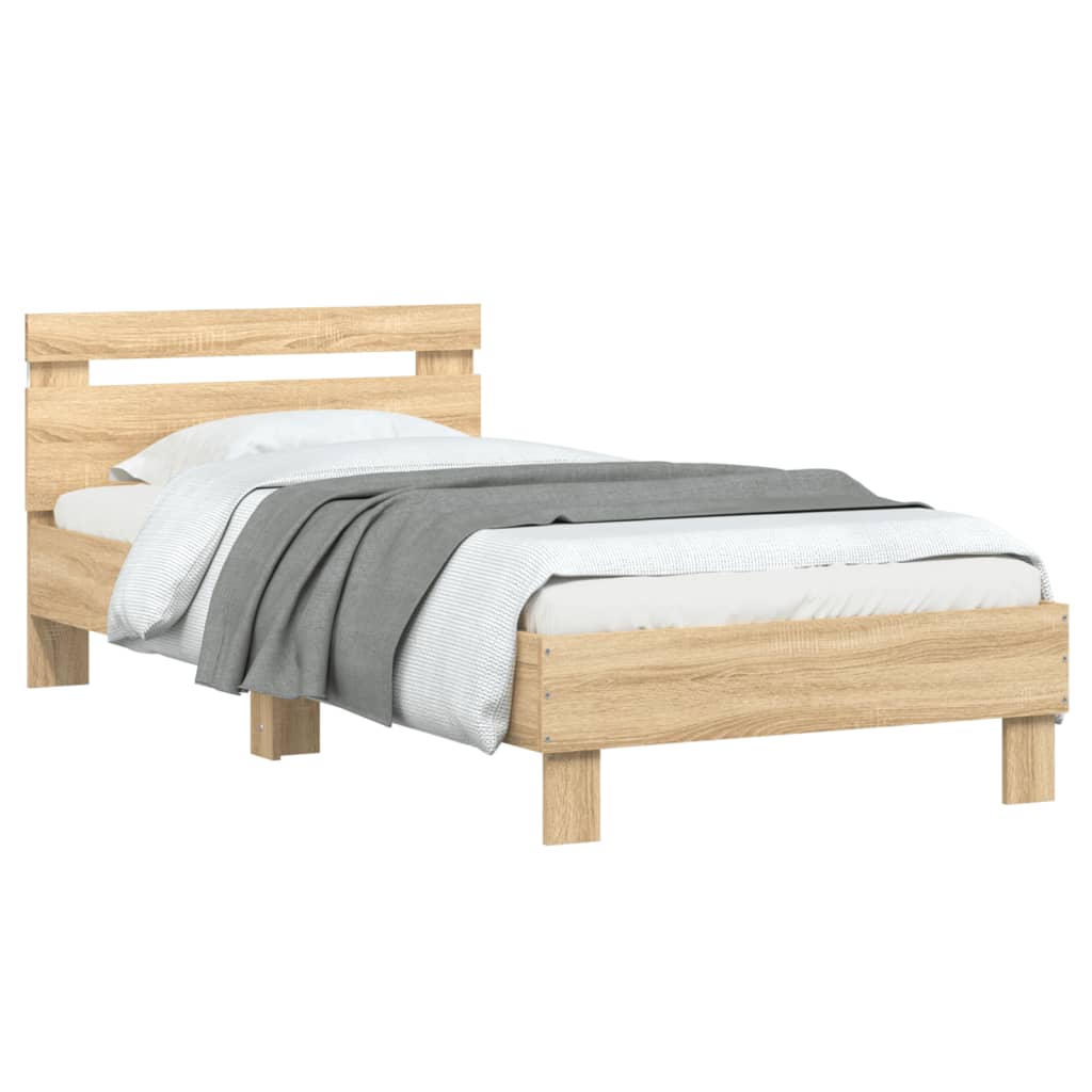 Modern Wooden Single Size 90cm Bed Frame Base With LED Lights & Headboard Wood