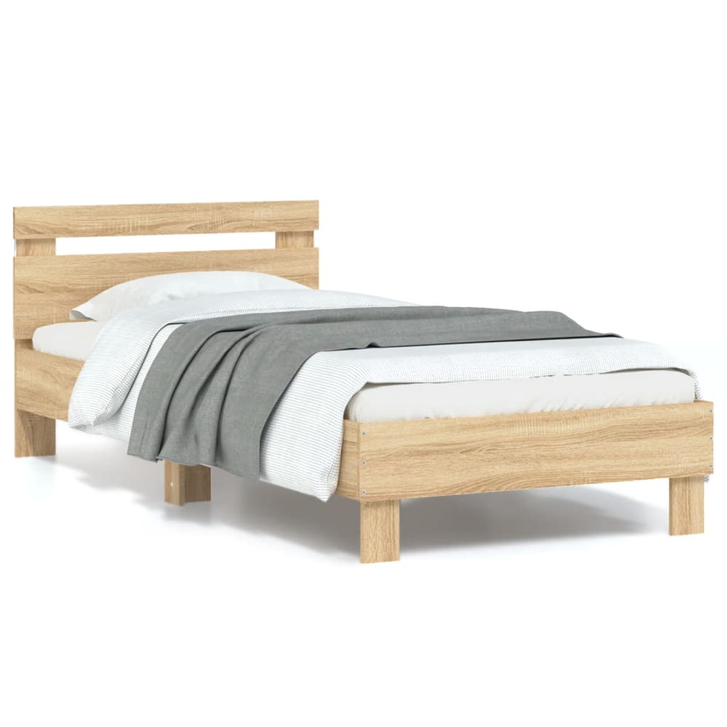 Modern Wooden Single Size 90cm Bed Frame Base With LED Lights & Headboard Wood