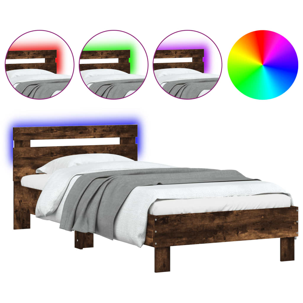 Modern Wooden Single Size 90cm Bed Frame Base With LED Lights & Headboard Wood