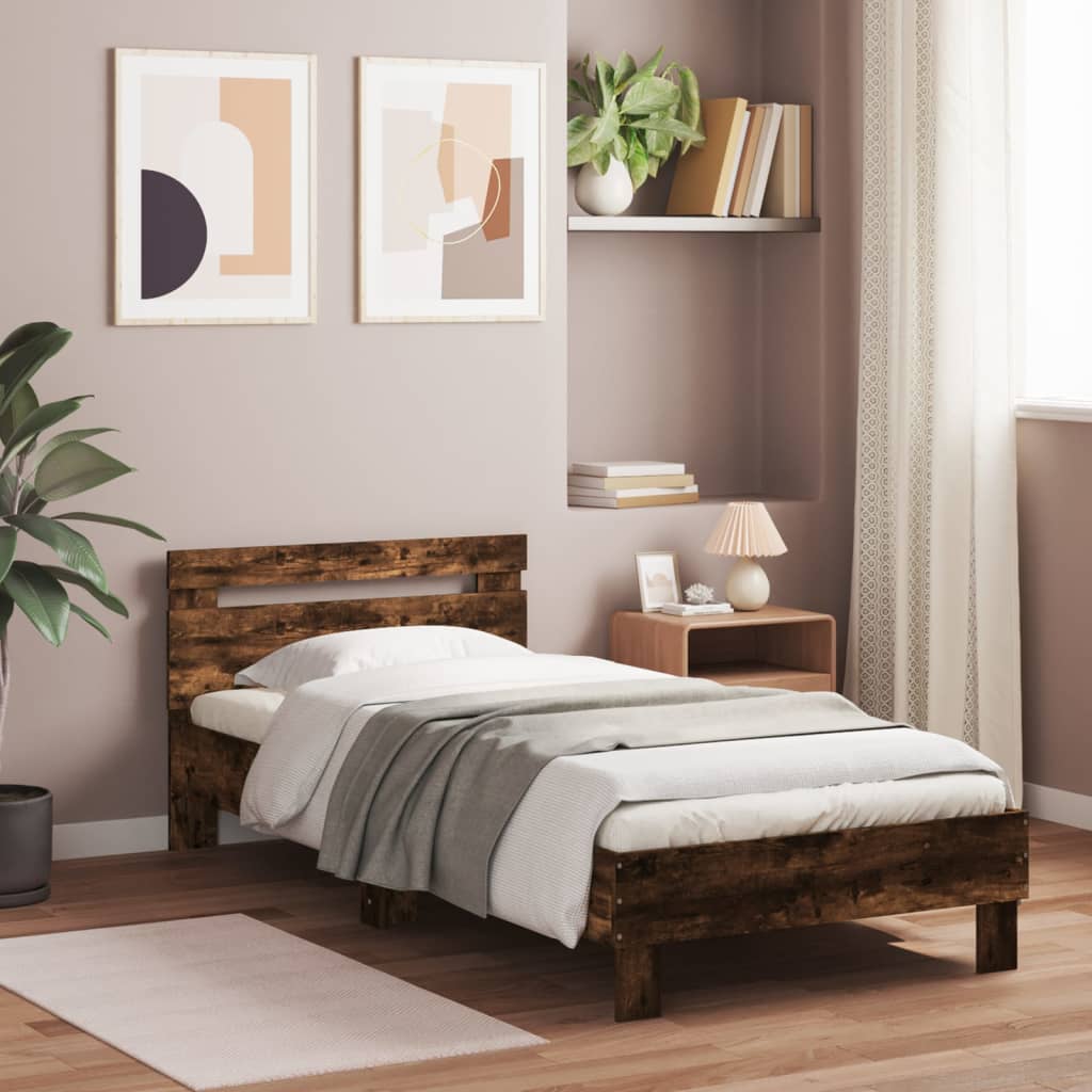 Modern Wooden Single Size 90cm Bed Frame Base With LED Lights & Headboard Wood