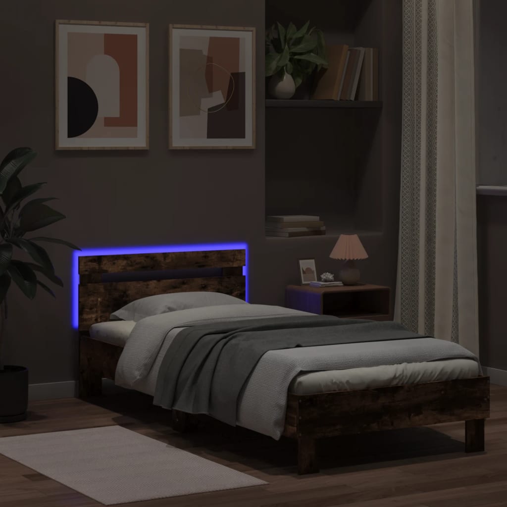 Modern Wooden Single Size 90cm Bed Frame Base With LED Lights & Headboard Wood