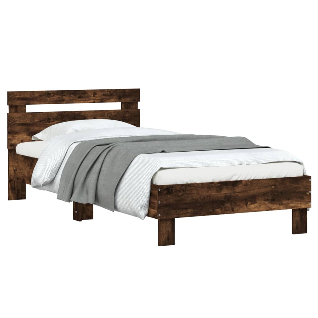 Modern Wooden Single Size 90cm Bed Frame Base With LED Lights & Headboard Wood