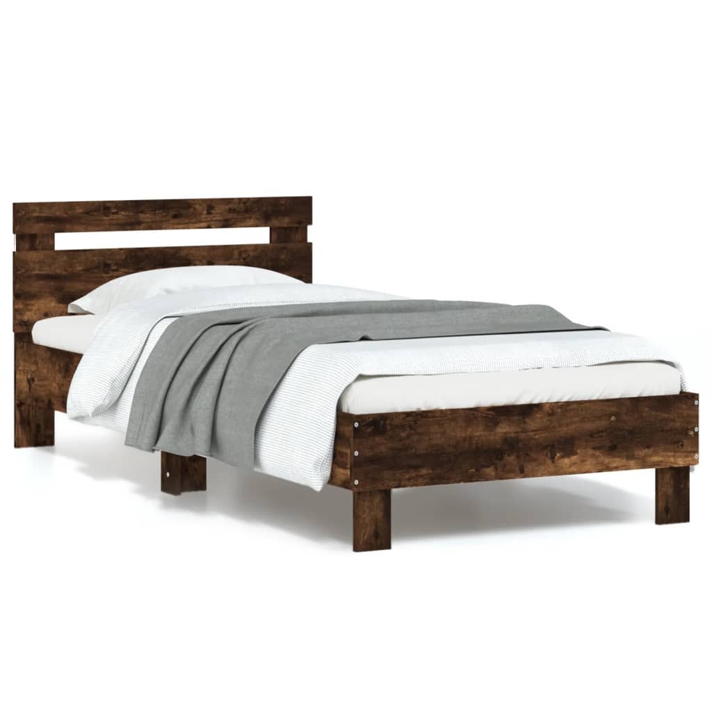 Modern Wooden Single Size 90cm Bed Frame Base With LED Lights & Headboard Wood