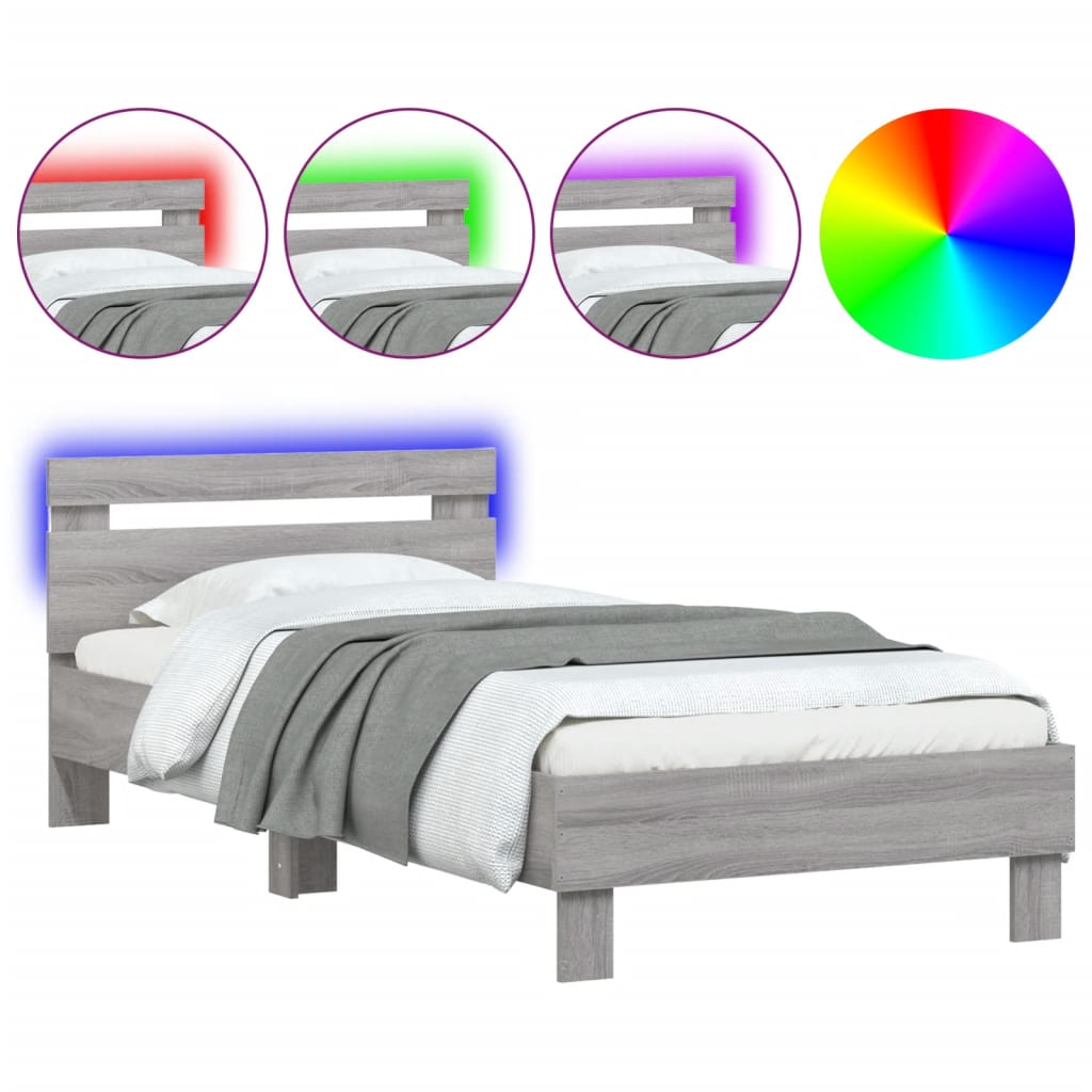 Modern Wooden Single Size 90cm Bed Frame Base With LED Lights & Headboard Wood