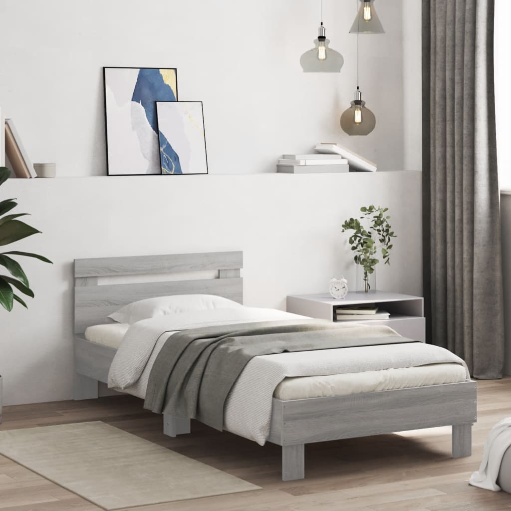 Modern Wooden Single Size 90cm Bed Frame Base With LED Lights & Headboard Wood