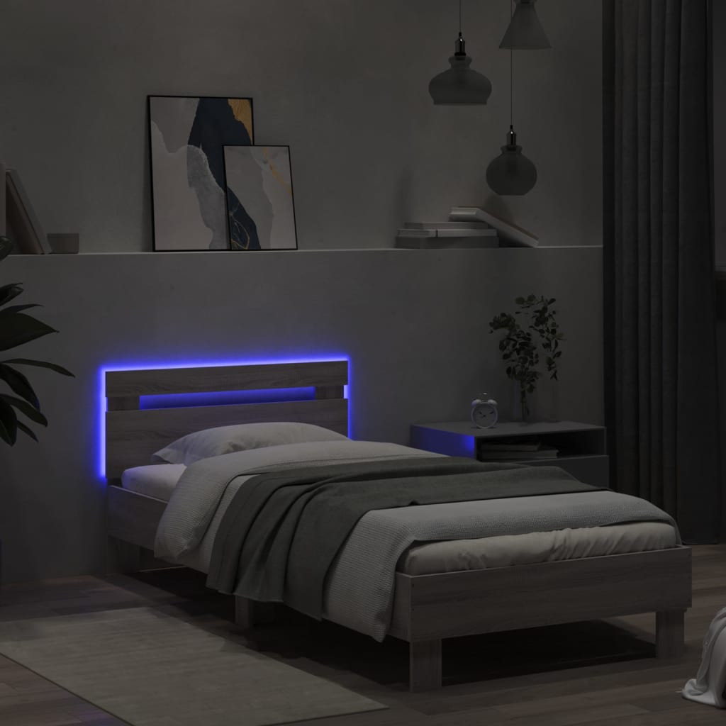 Modern Wooden Single Size 90cm Bed Frame Base With LED Lights & Headboard Wood
