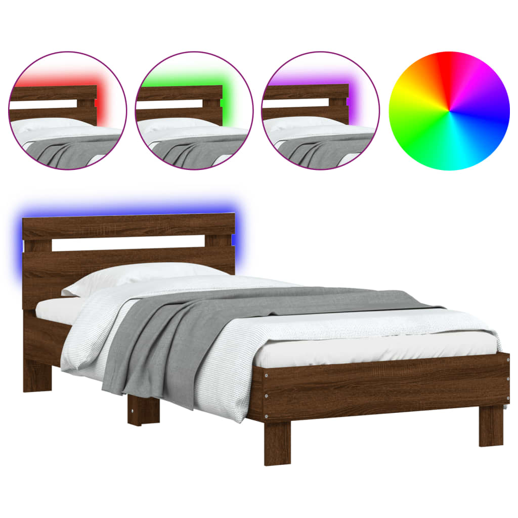 Modern Wooden Single Size 90cm Bed Frame Base With LED Lights & Headboard Wood