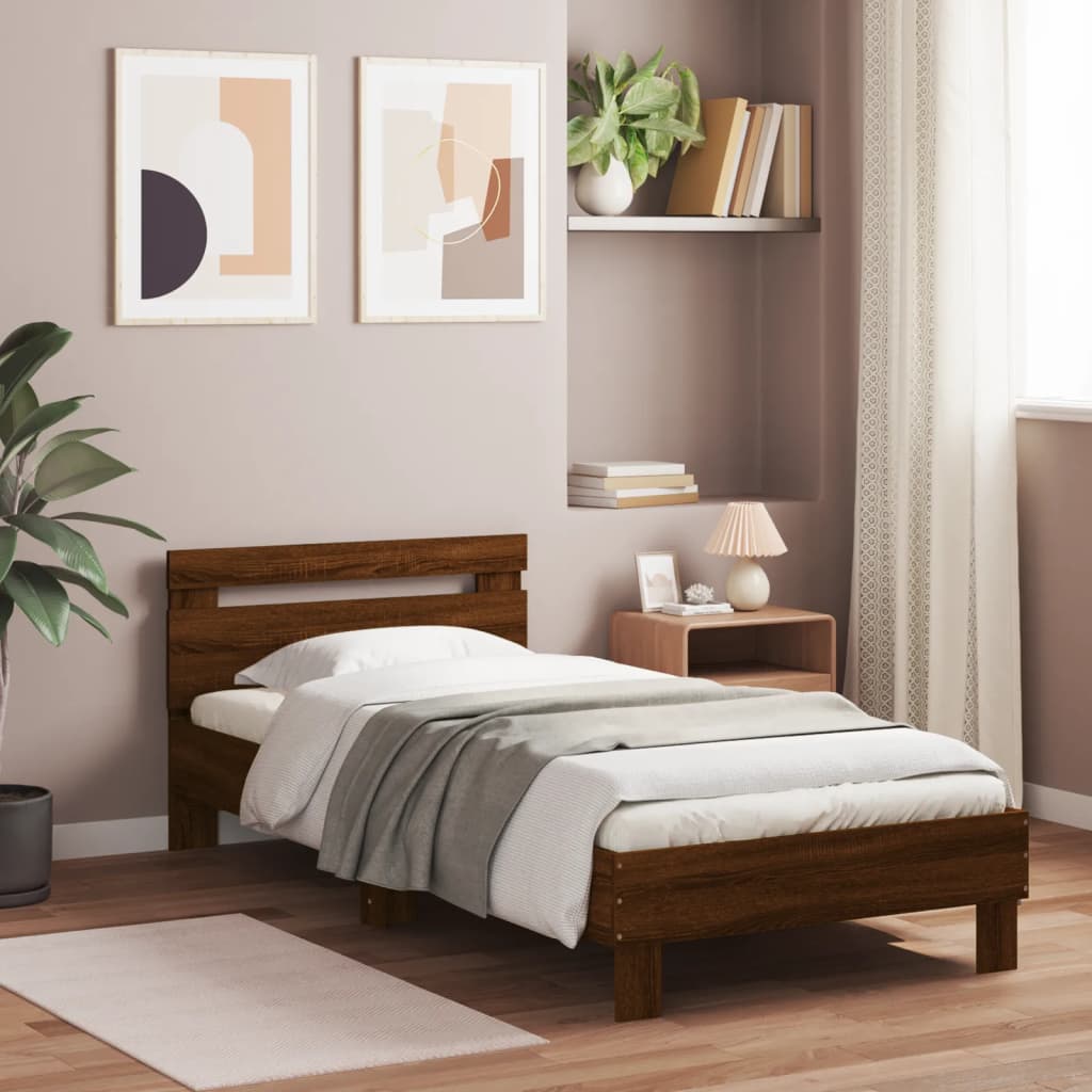 Modern Wooden Single Size 90cm Bed Frame Base With LED Lights & Headboard Wood