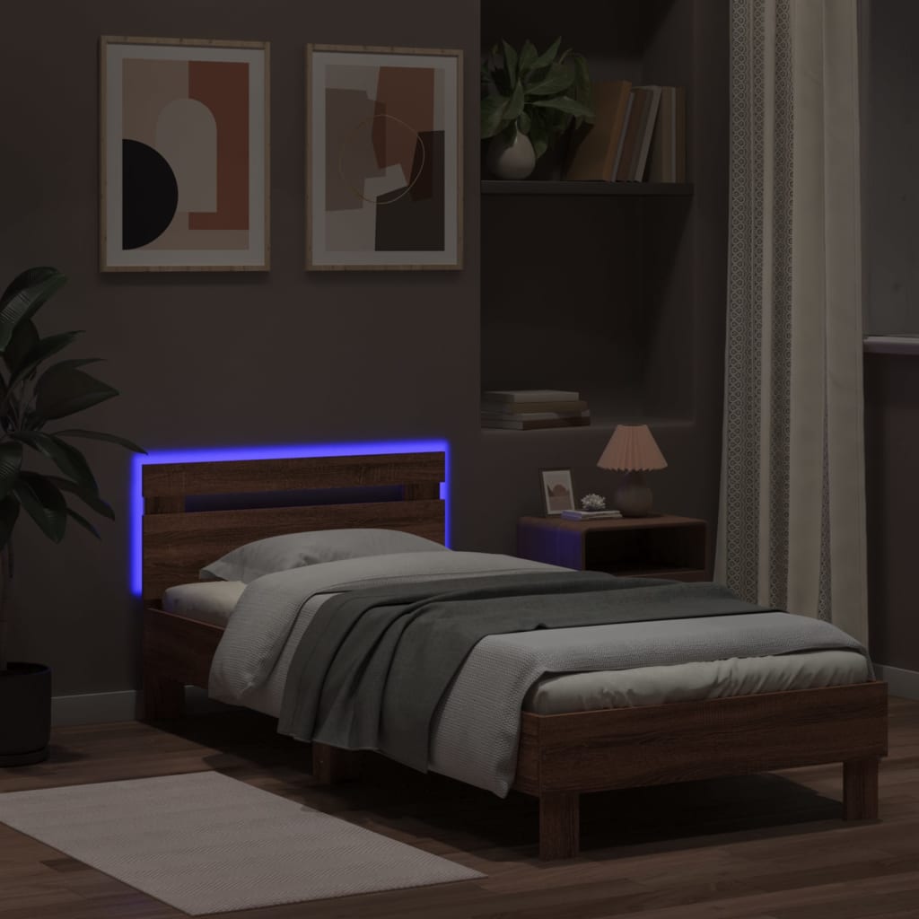 Modern Wooden Single Size 90cm Bed Frame Base With LED Lights & Headboard Wood
