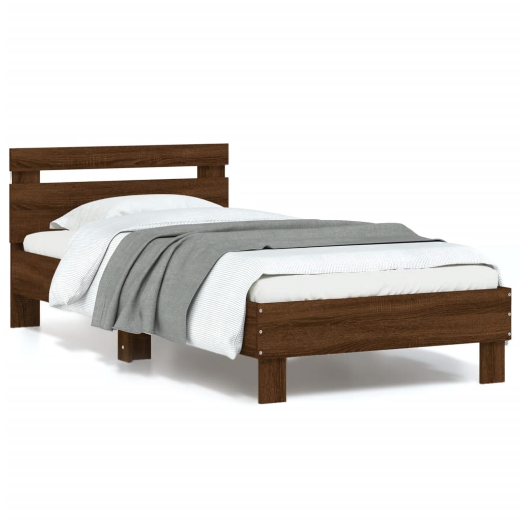 Modern Wooden Single Size 90cm Bed Frame Base With LED Lights & Headboard Wood