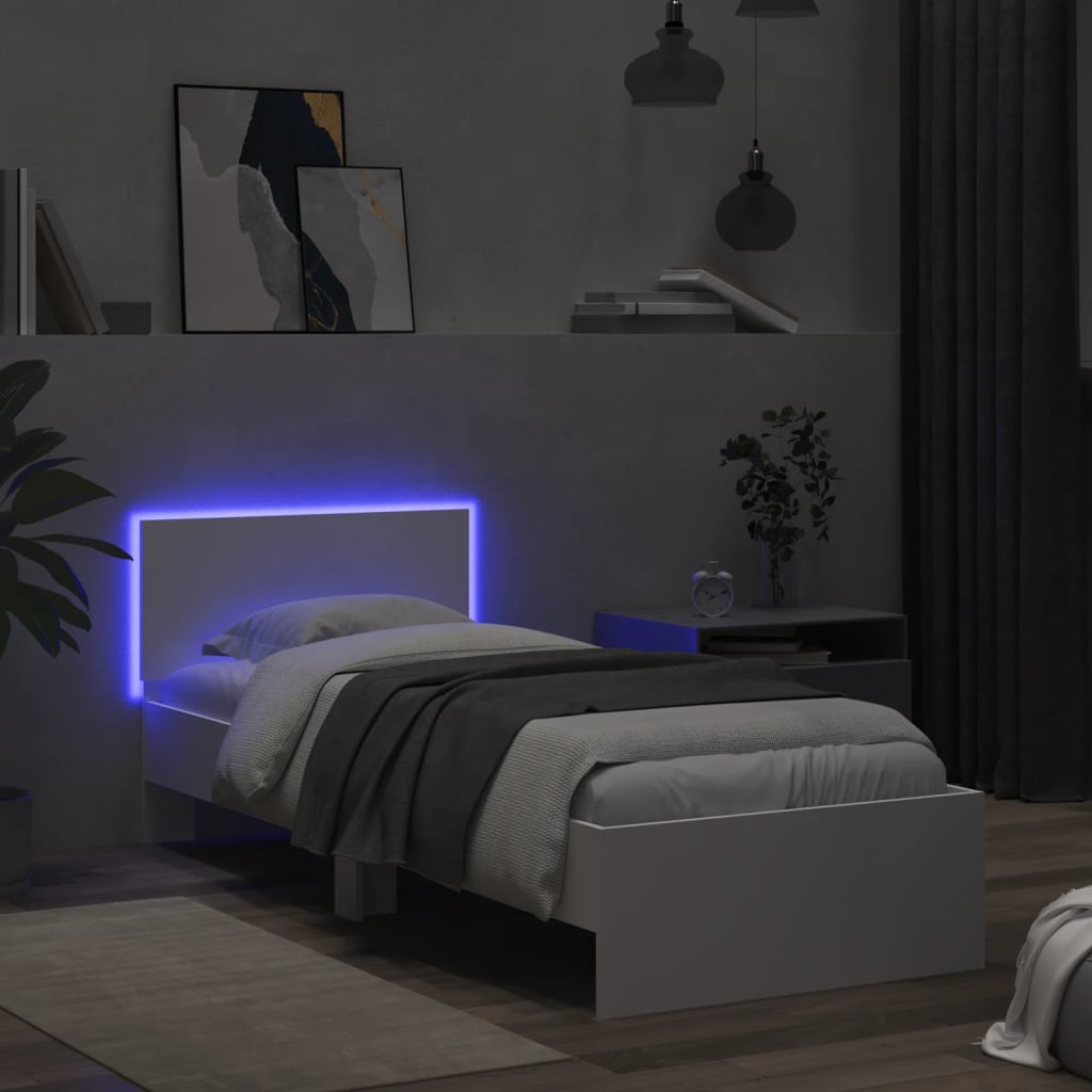 Modern Wooden Single Size 90cm Bed Frame Base With Headboard & LED Lights