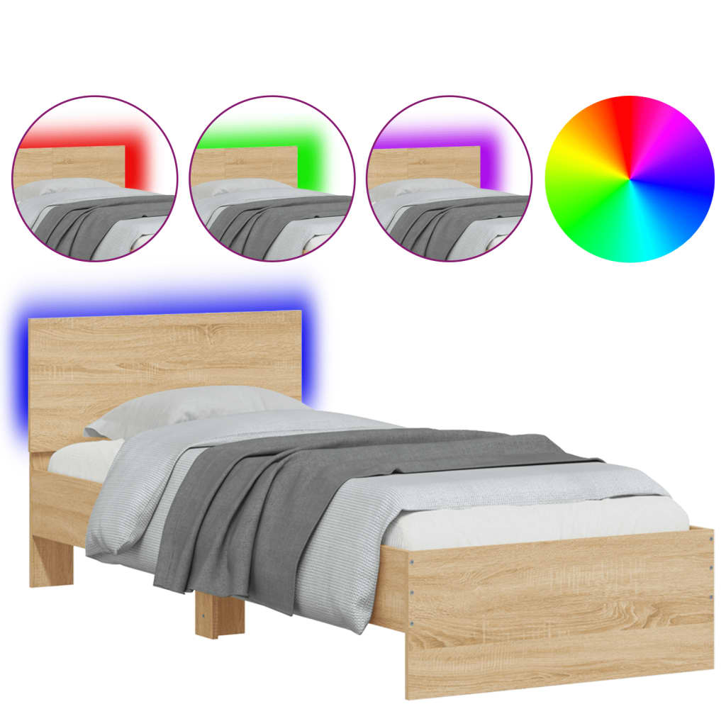 Modern Wooden Single Size 90cm Bed Frame Base With Headboard & LED Lights