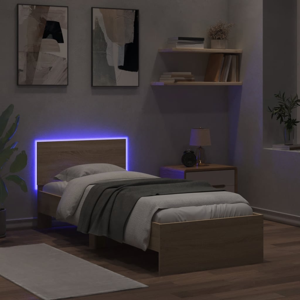 Modern Wooden Single Size 90cm Bed Frame Base With Headboard & LED Lights