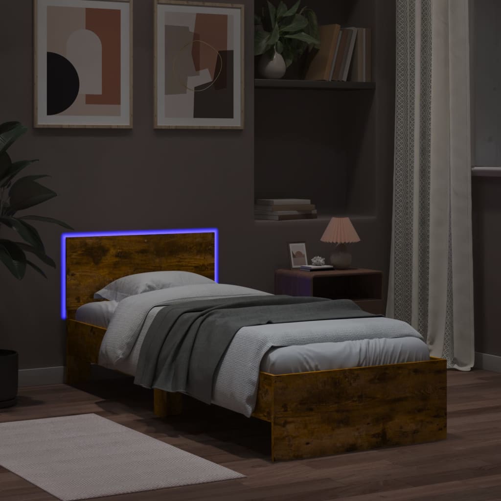 Modern Wooden Single Size 90cm Bed Frame Base With Headboard & LED Lights