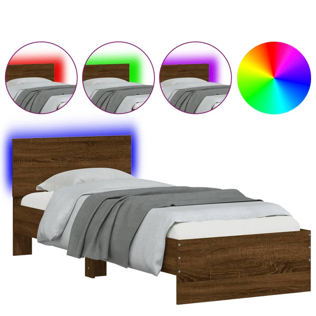 Modern Wooden Single Size 90cm Bed Frame Base With Headboard & LED Lights