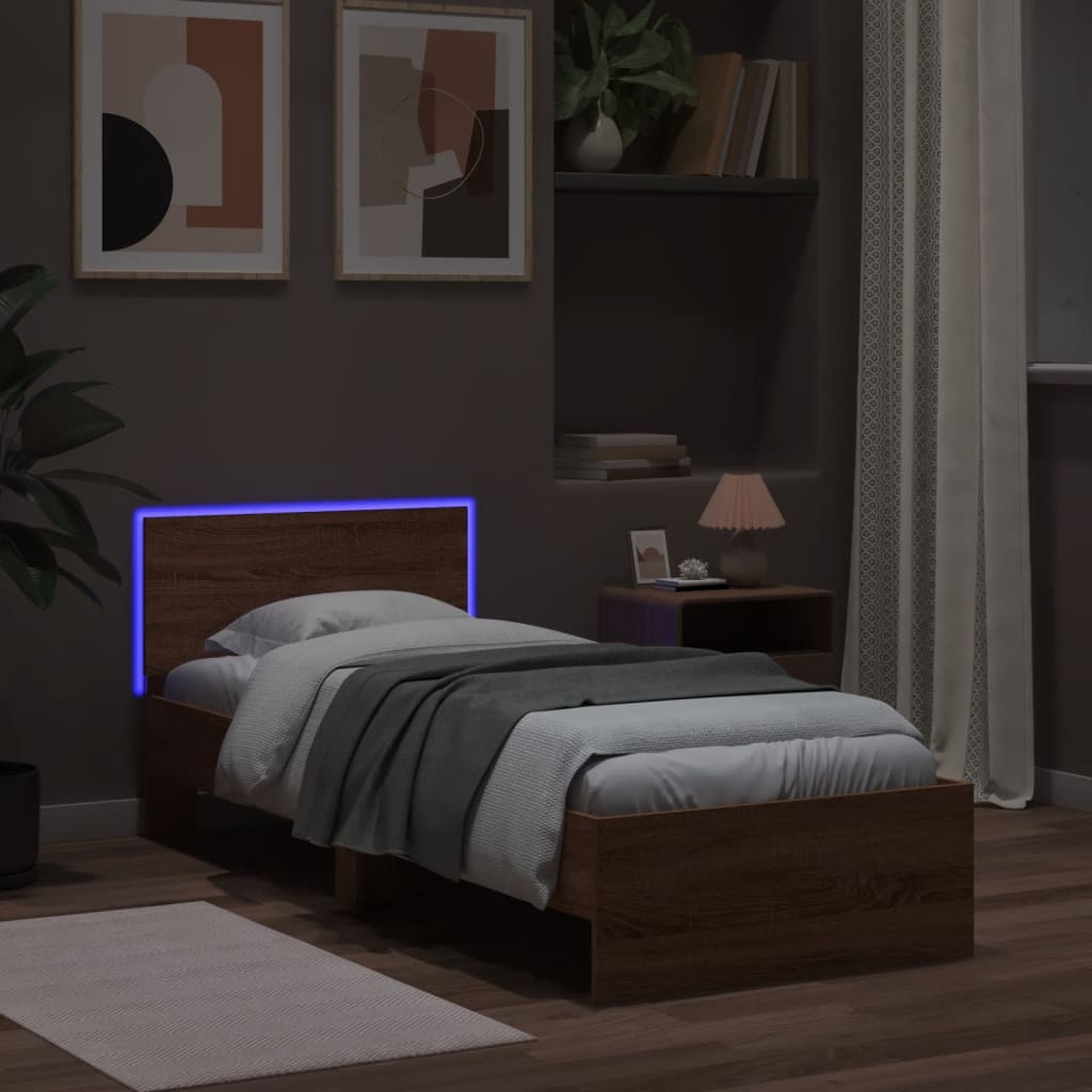Modern Wooden Single Size 90cm Bed Frame Base With Headboard & LED Lights