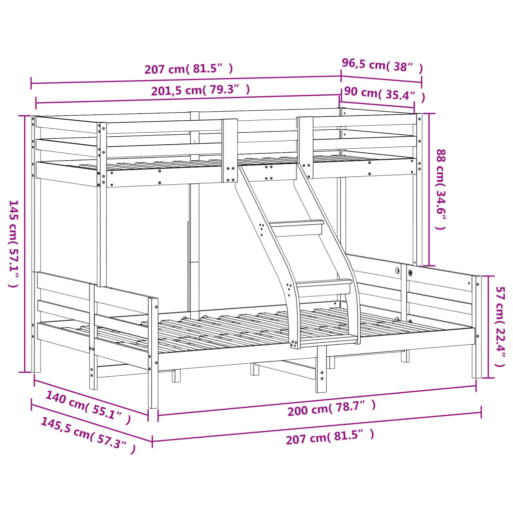Bunk Bed without Mattress 90x200/140x200 cm Wax Brown Solid Wood