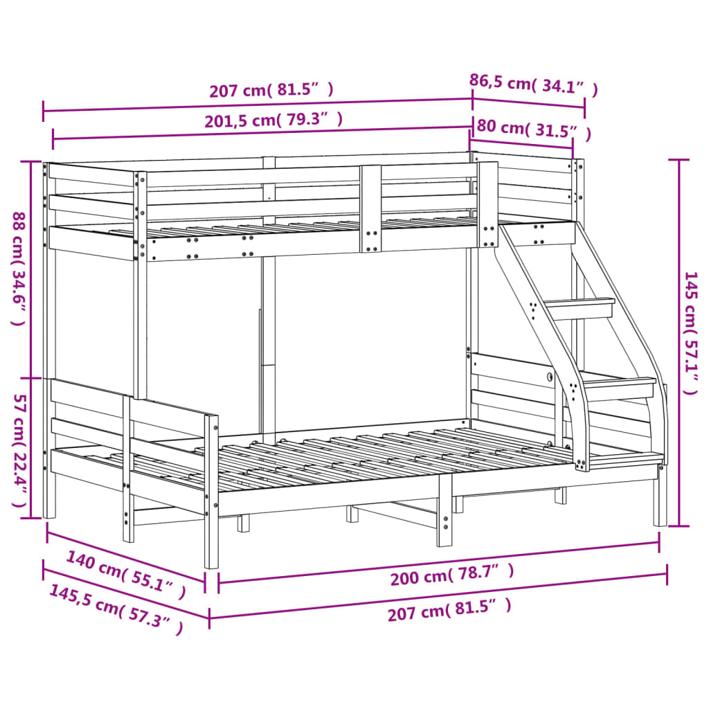 Bunk Bed without Mattress 80x200/140x200 cm White Solid Wood