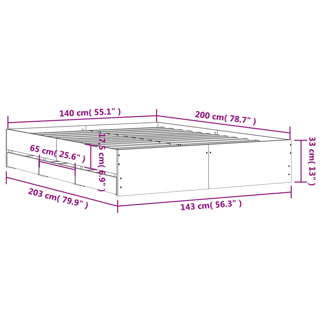 Bed Frame with Drawers without Mattress Sonoma Oak 140x200 cm