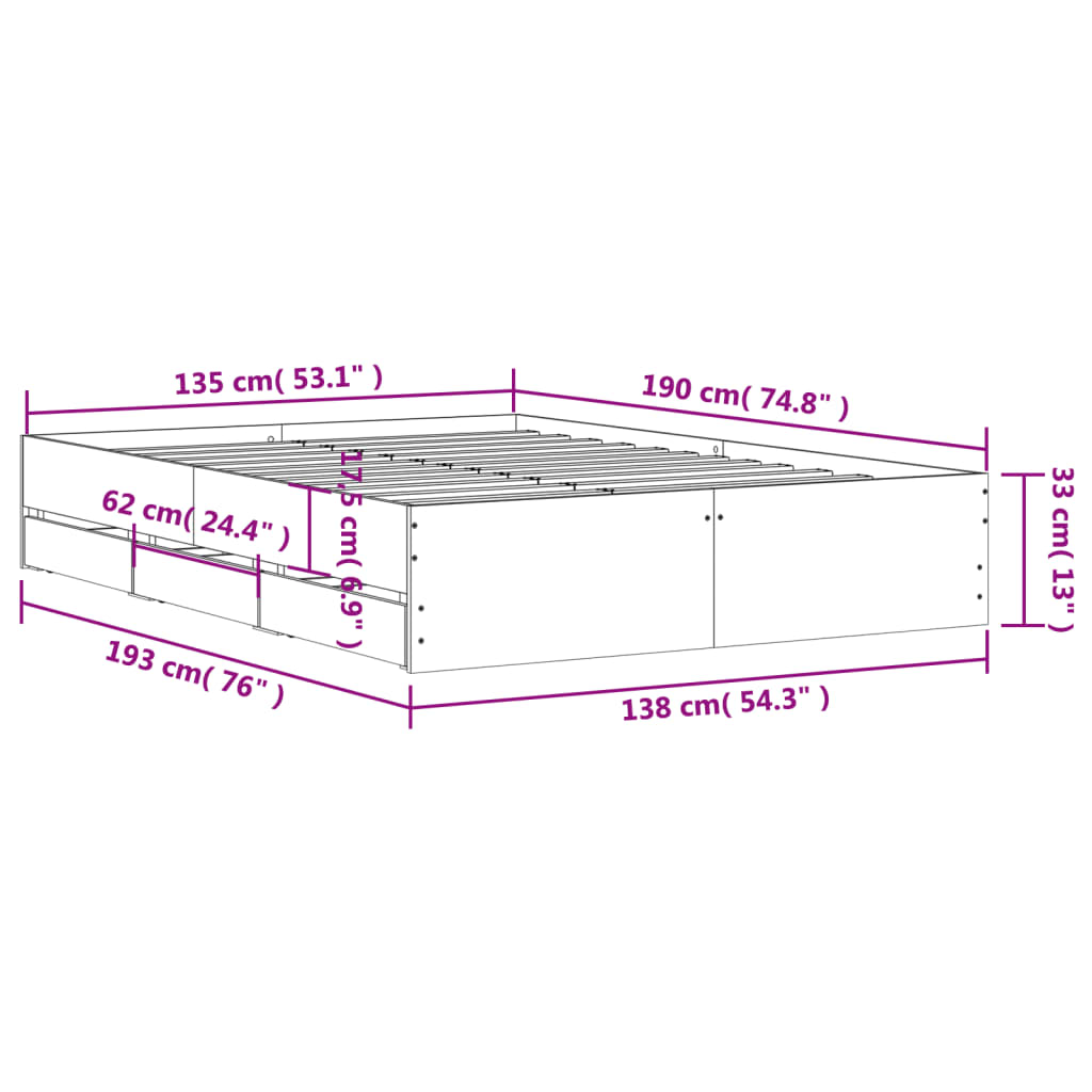 Modern Wooden Double Size 135cm Bed Frame Base With Storage Drawers