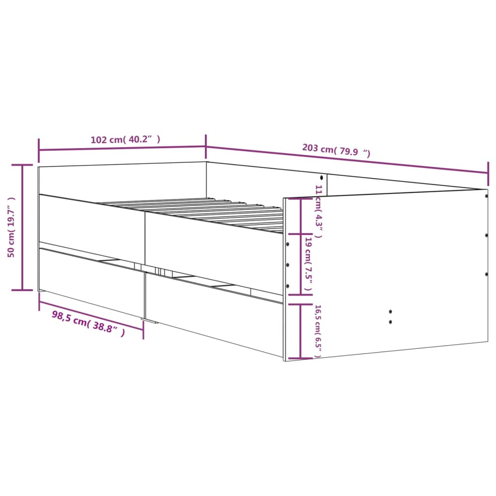Bed Frame with Drawers without Mattress Sonoma Oak 100x200 cm
