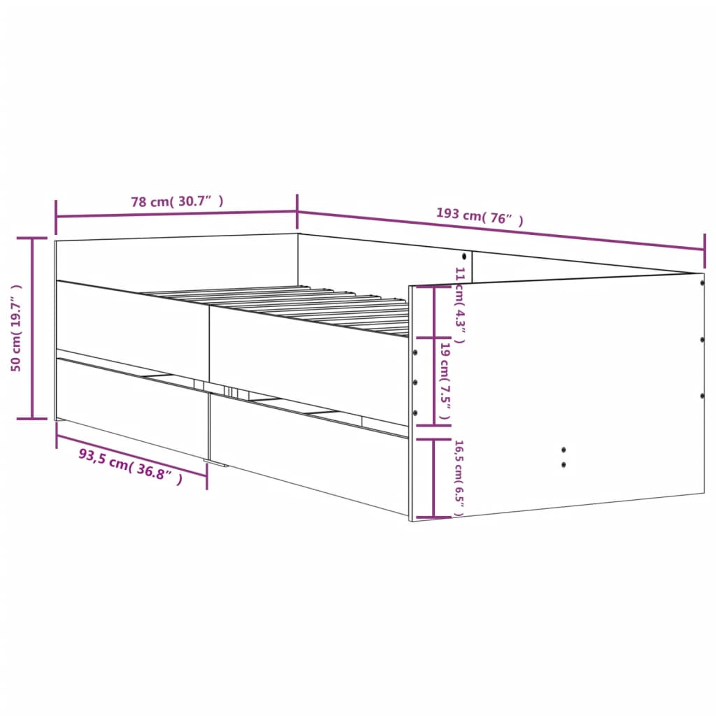 Bed Frame without Mattress Concrete Grey 75x190 cm Small Single Small Single