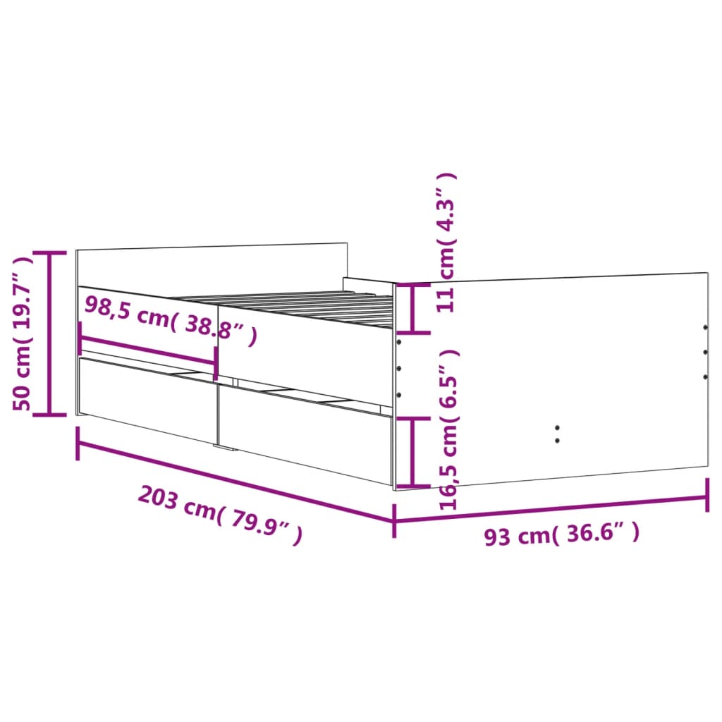 Bed Frame with Drawers without Mattress Concrete Grey 90x200 cm