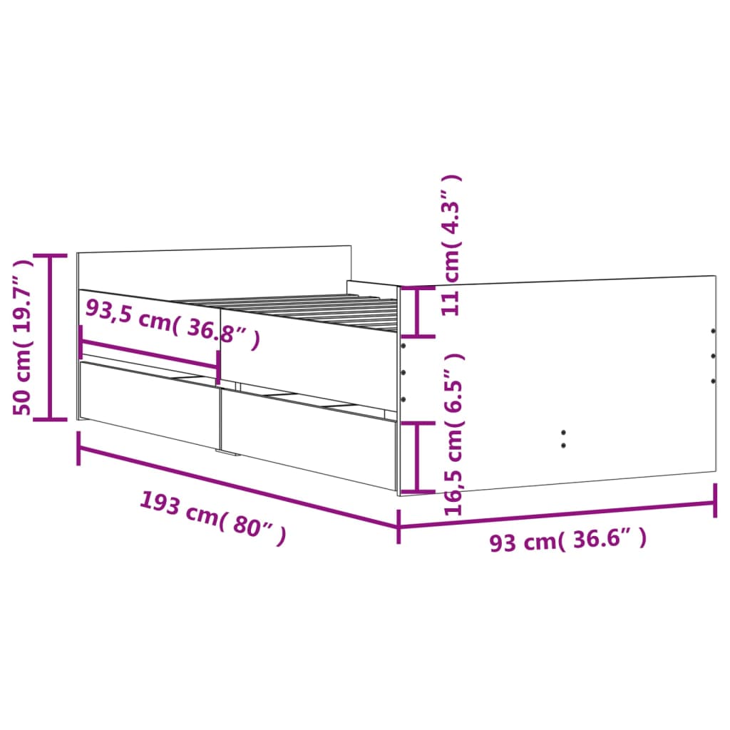 Bed Frame with Drawers without Mattress Smoked Oak 90x190 cm Single